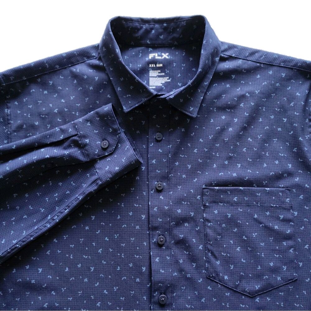 FLX Men XXL SLIM Shirt Performance Untucked-Fit Button Up Navy Blue Poplin Print